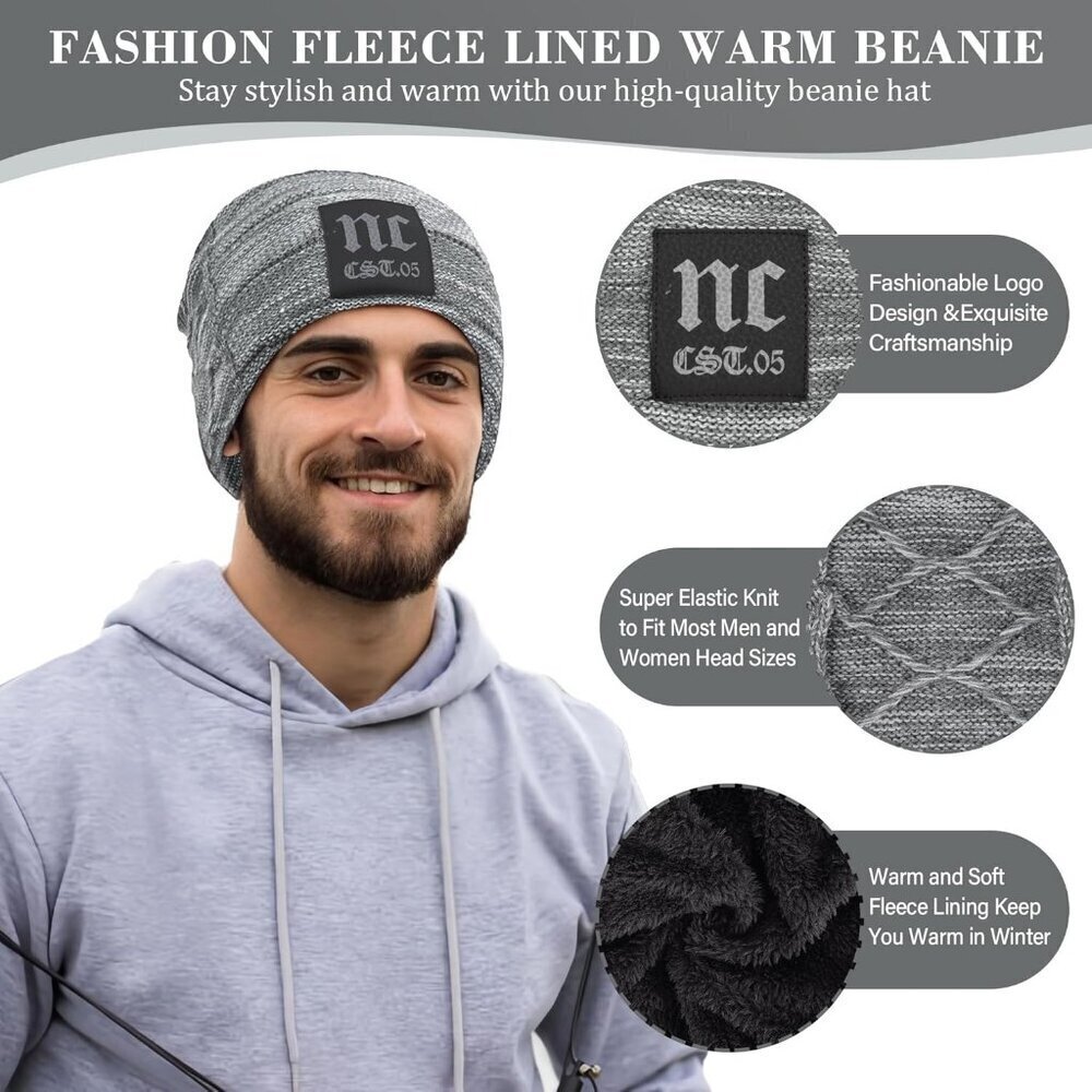 Men Women NC Grey Winter Beanie Hat Scarf Set Warm Fleece Lined Set Gear - Picture 2 of 5